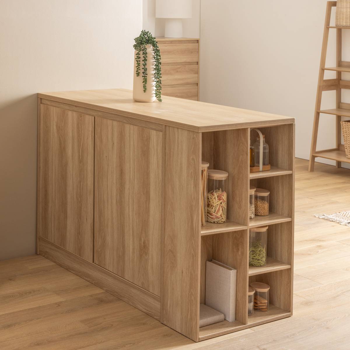 Îlot central 2 portes et 6 niches L120 x P60 x H90 cm effet chêne clair