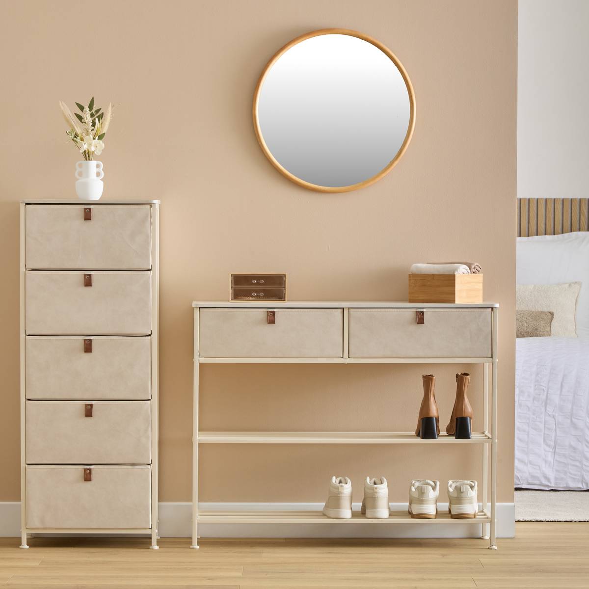 Console 2 tiroirs en tissu long 100 cm beige