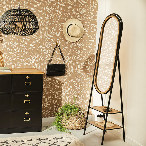 Miroir sur pied arrondi en métal noir avec tablette en bois H160 cm