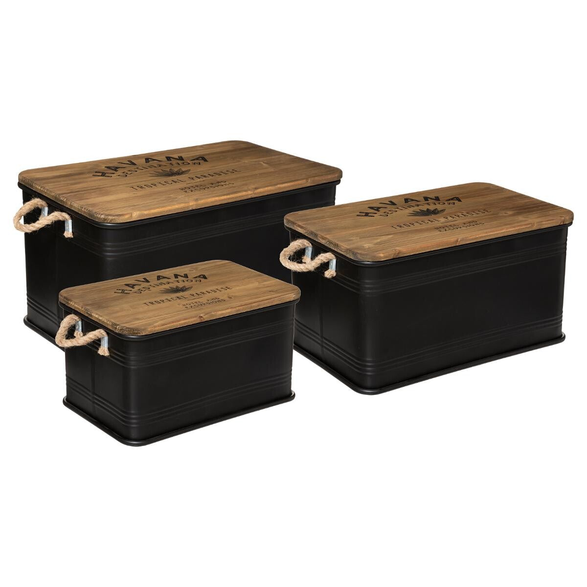 Lot de 3 malles de rangement métal noir et couvercle bois