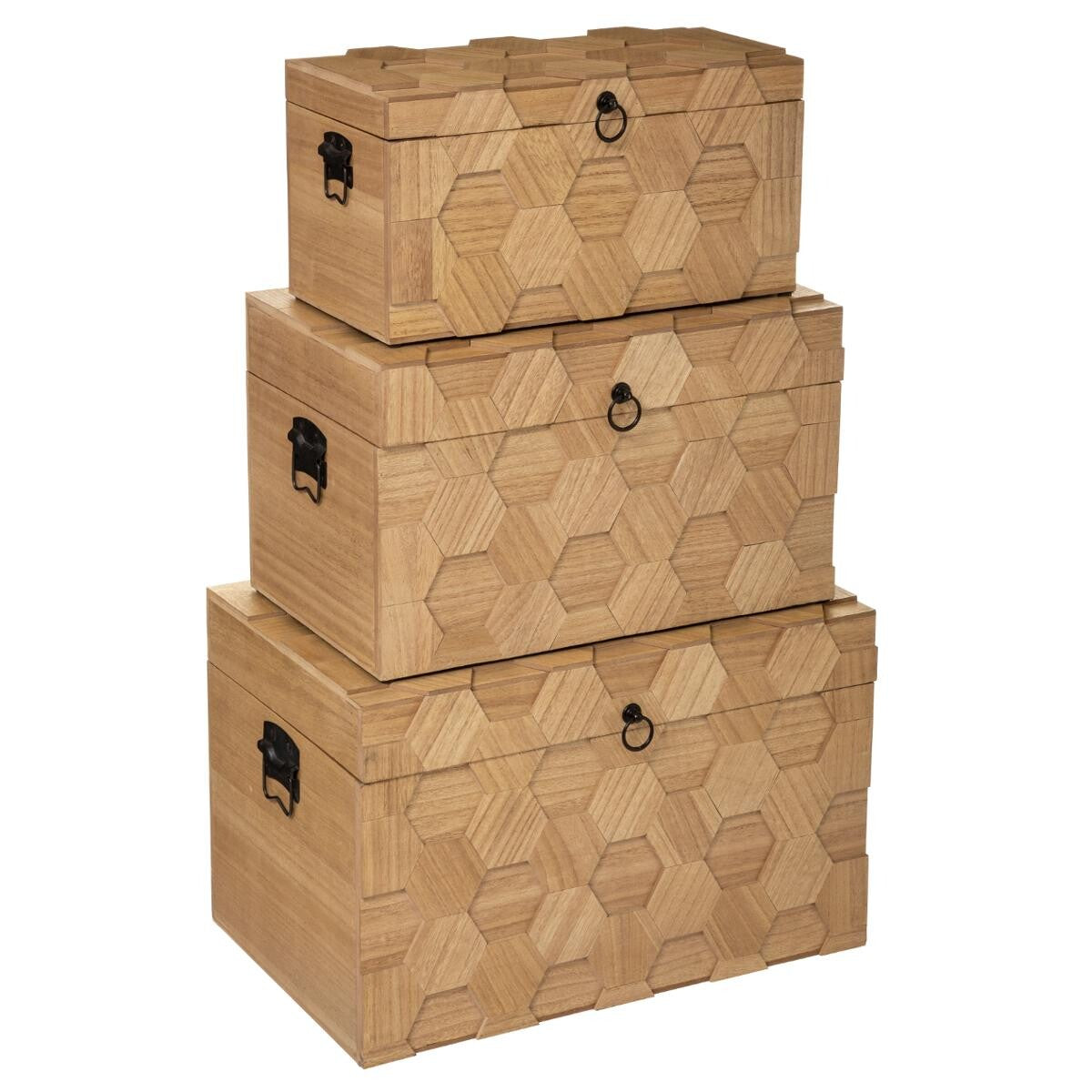 Lot de 3 malles de rangement motif géométrique bois clair
