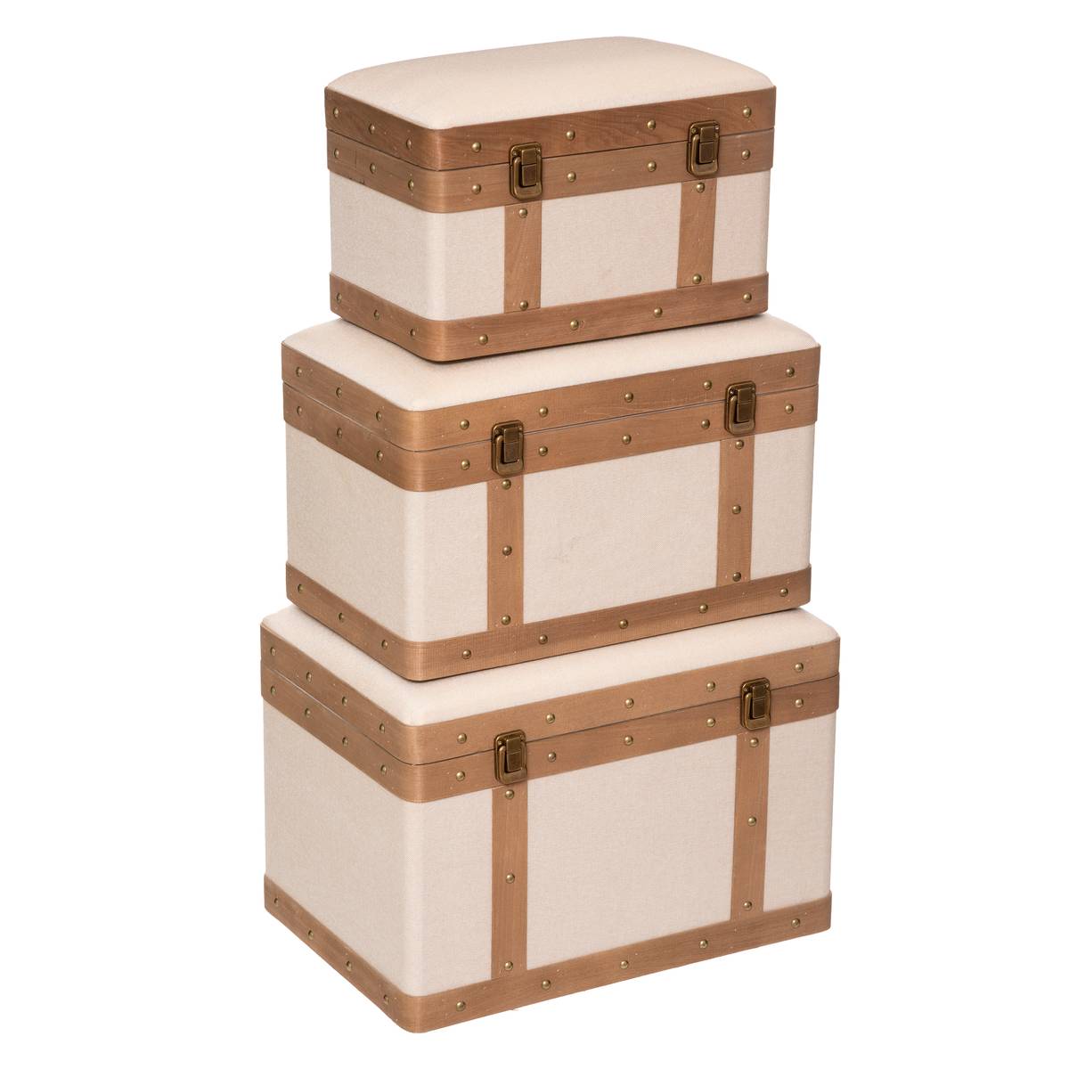 Lot de 3 malles de rangement tissu lin et bois