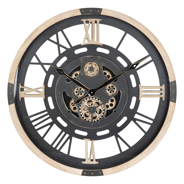 Horloge murale squelette à engrenages mobiles noire et dorée D80 cm