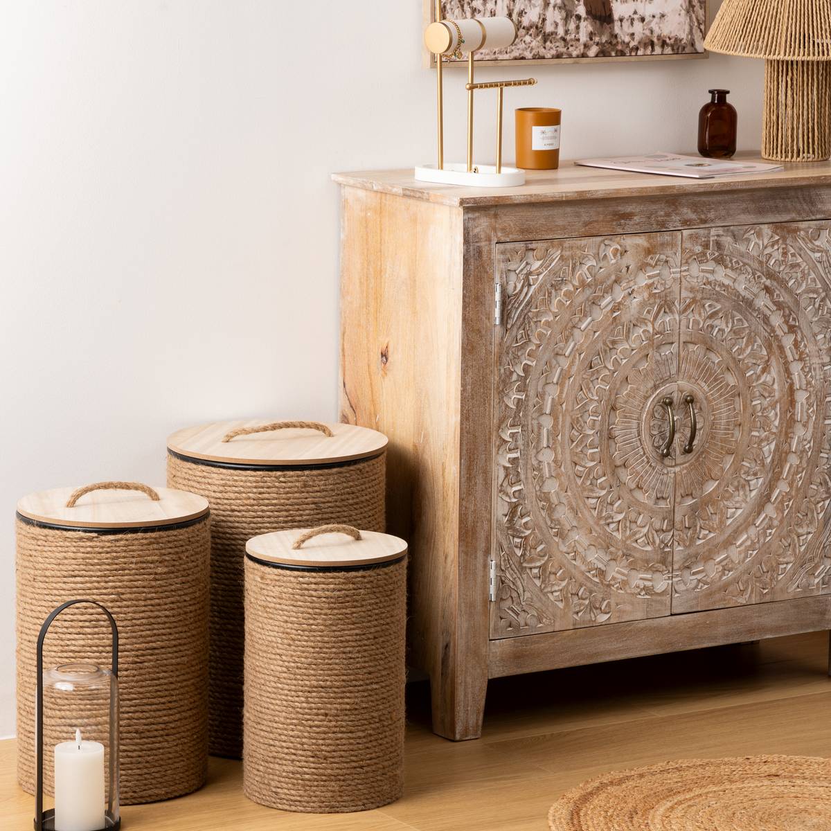 Lot de 3 coffres ronds métal et corde naturel