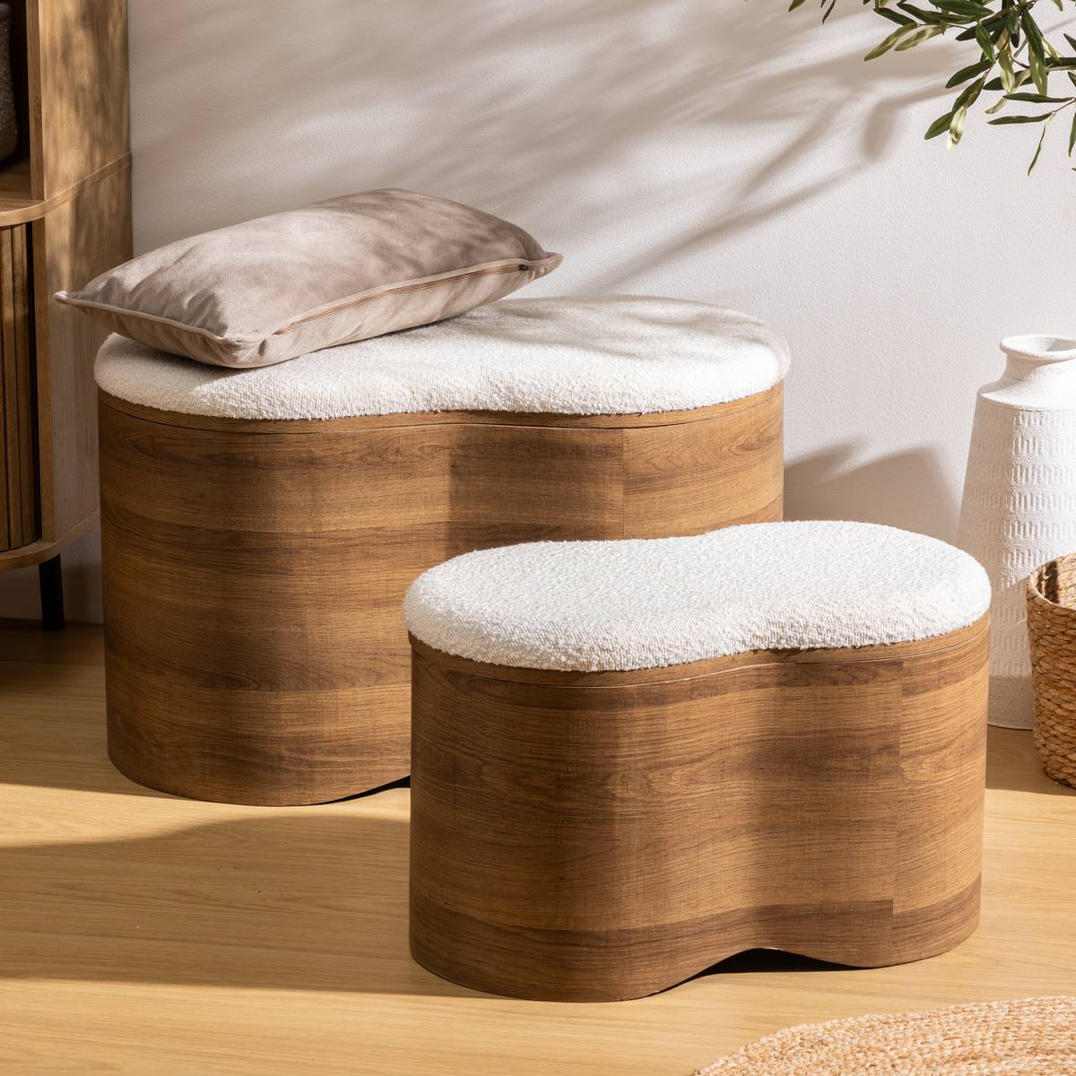 Lot de 2 bancs coffres effet bois et bouclette blanc