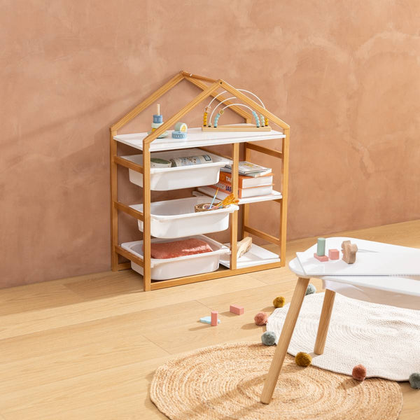 Bibliothèque enfant forme maison avec bacs pin et blanc