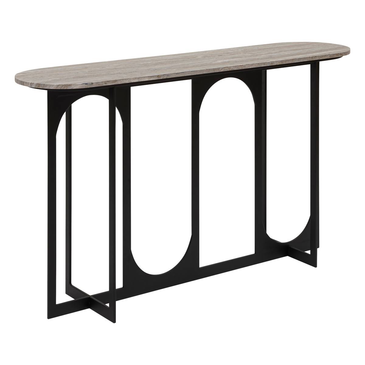 Console plateau ovale effet marbre gris piètement métal noir L140 cm