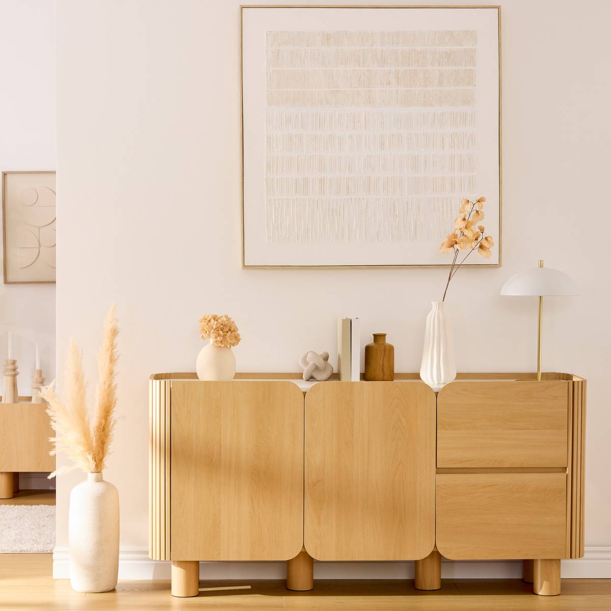 Buffet effet chêne clair façade rainurée plateau effet marbre 2 portes 2 tiroirs L160 cm