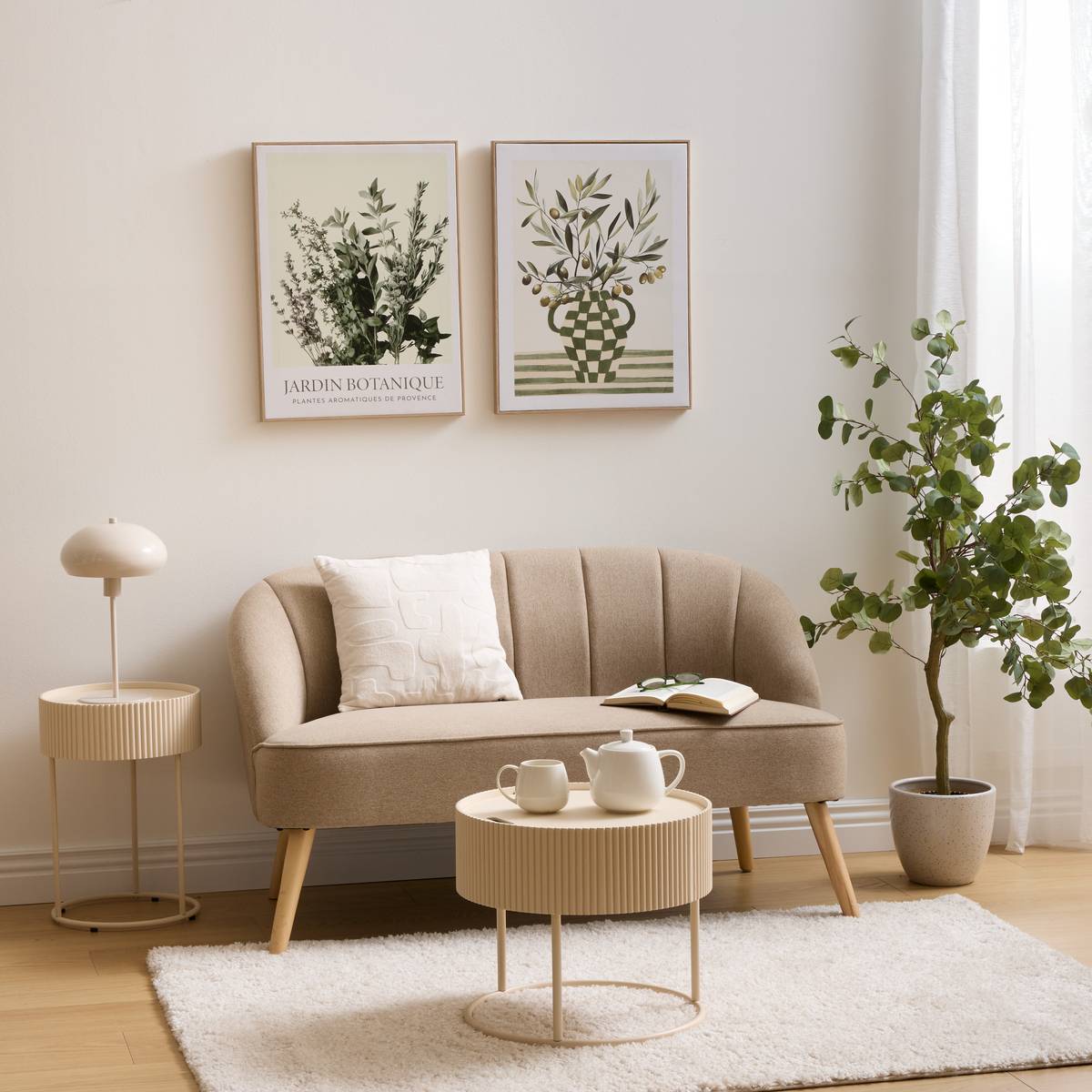 Table d'appoint ronde cannelée beige avec rangement D45 cm