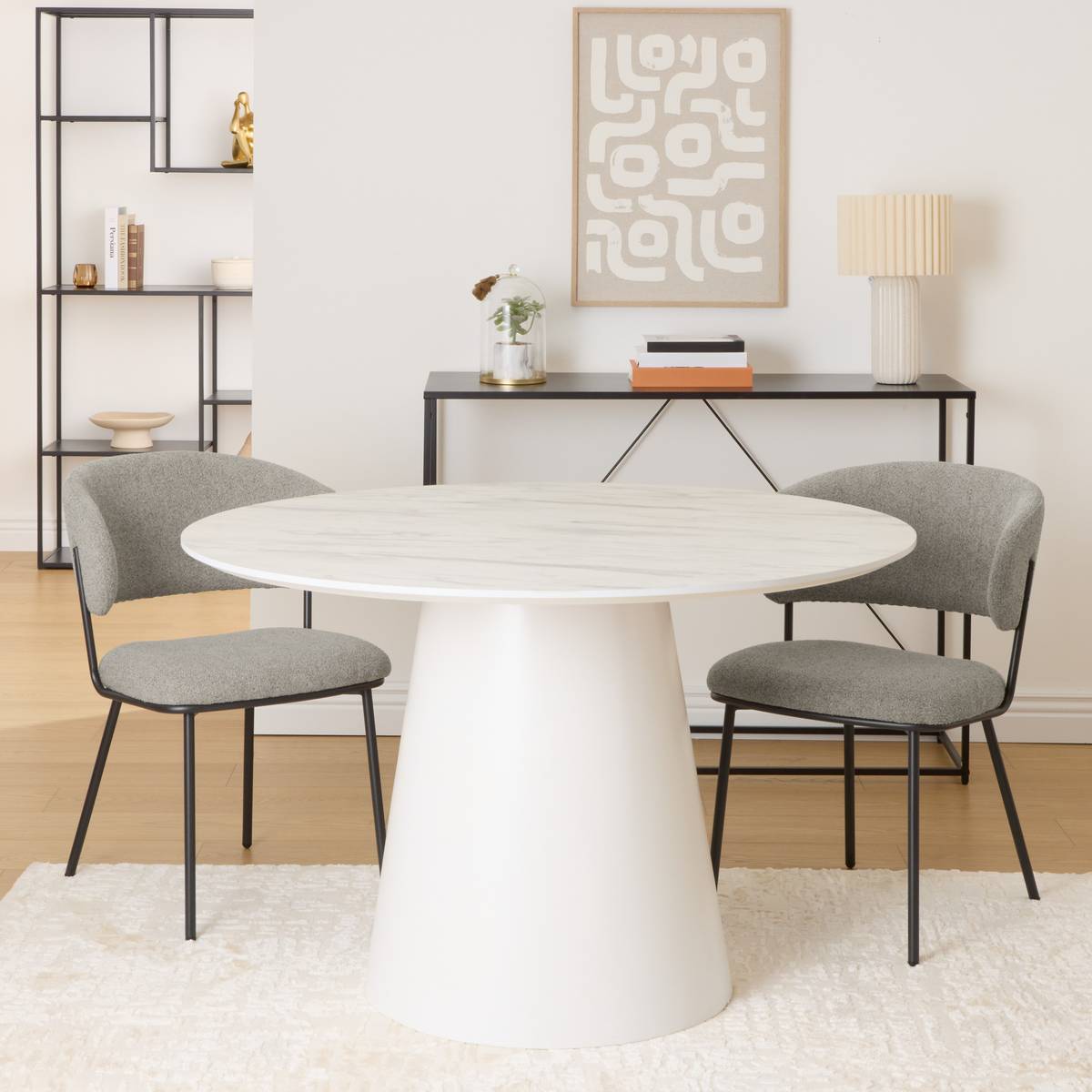 Table à manger ronde effet marbre blanc pied central conique D120 cm