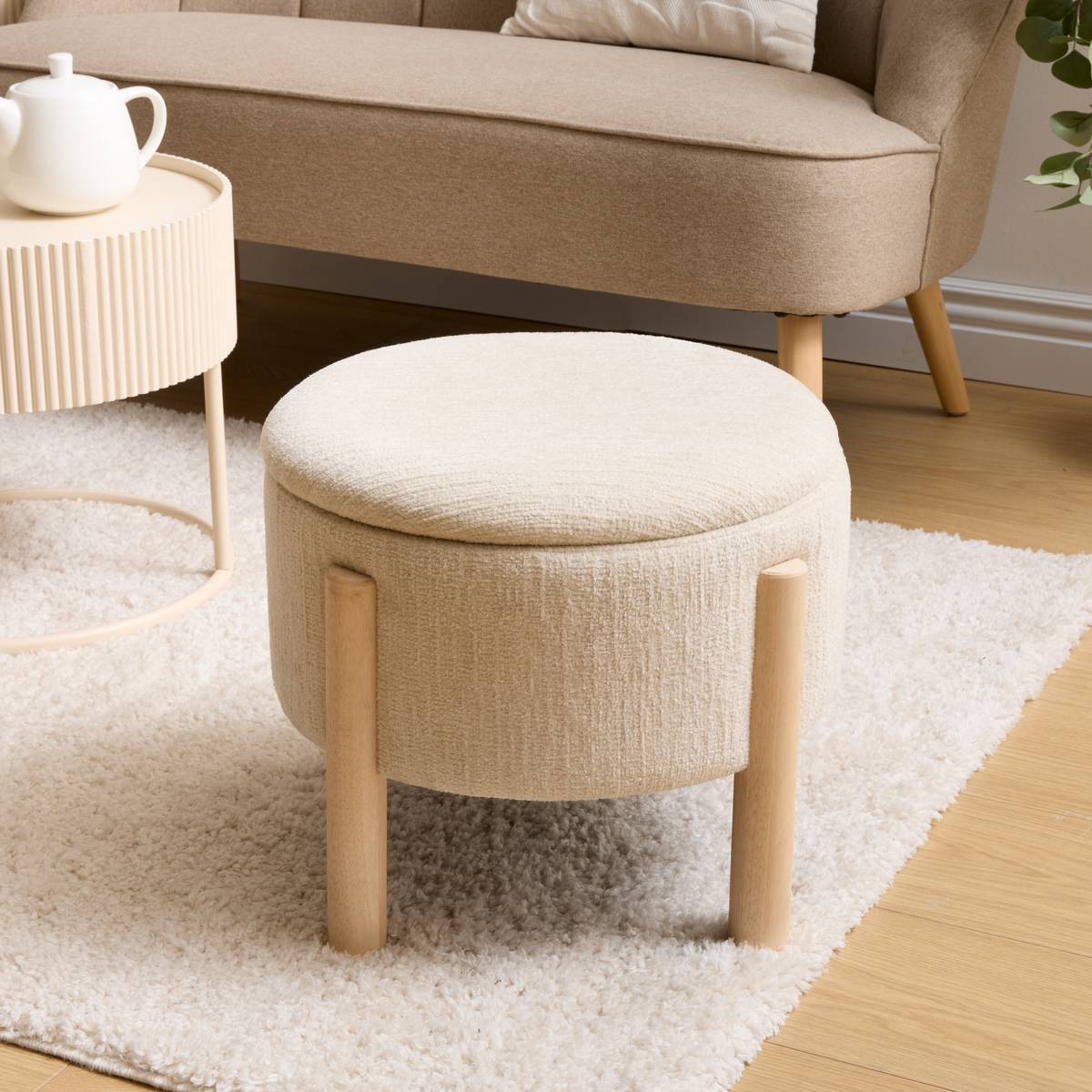 Pouf coffre de rangement rond en chenille blanc pieds en bois D45 cm