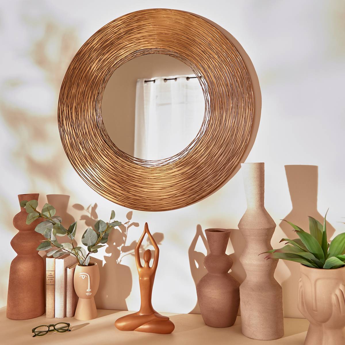 Grand miroir rond cadre large en métal mordoré D90 cm