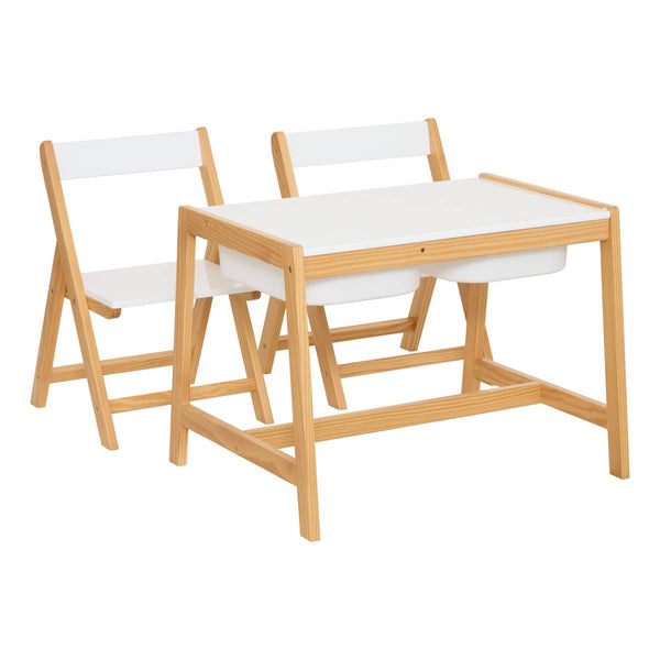 Bureau enfant avec 2 chaises et bacs de rangement blanc et pin