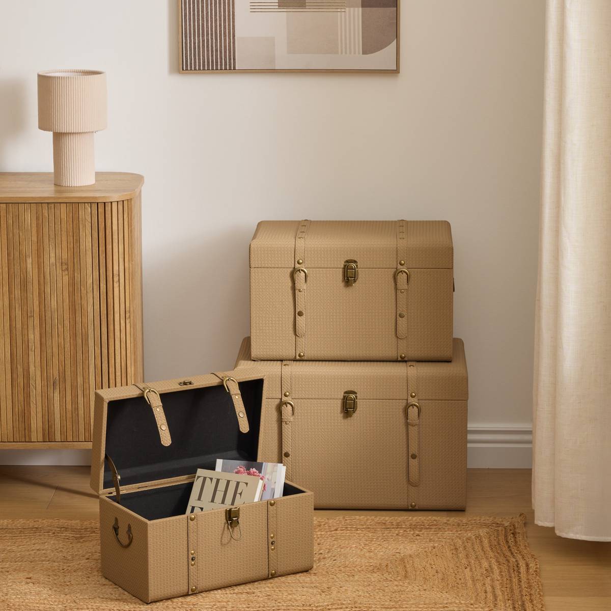 Lot de 3 malles de rangement simili cuir taupe