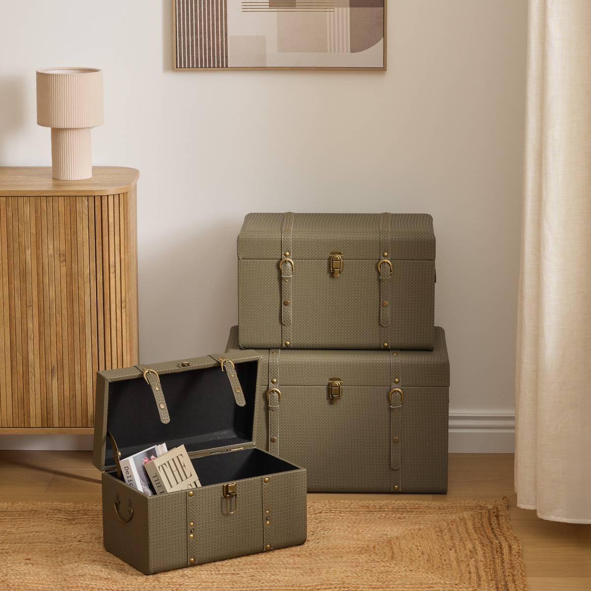 Lot de 3 malles de rangement simili cuir kaki