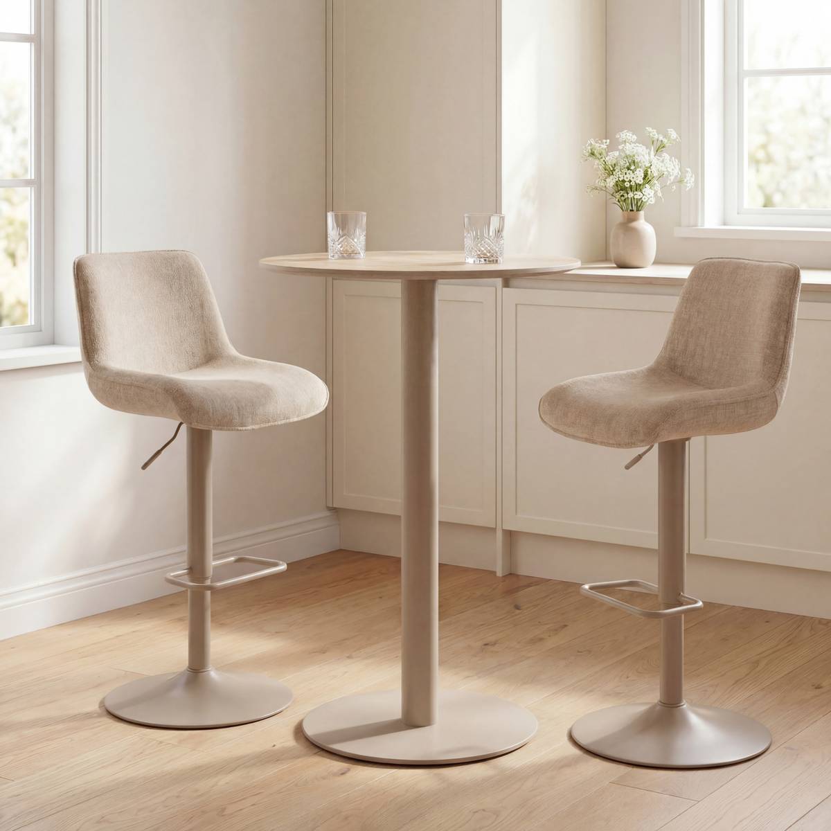 Table haute de bar ronde effet travertin pied central métal D70 cm