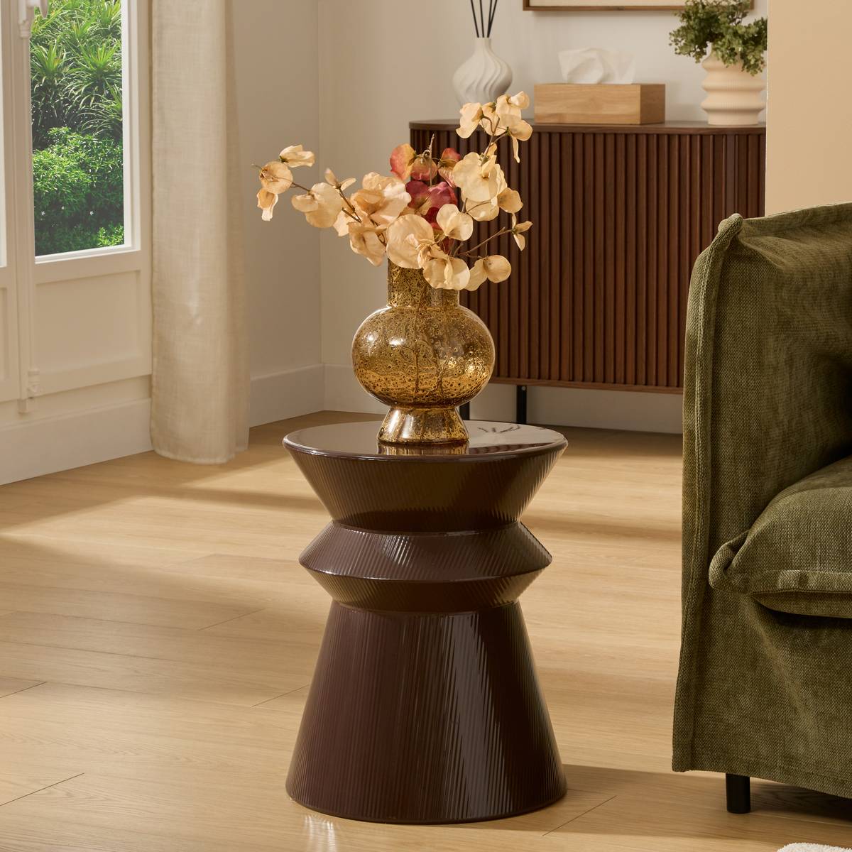 Table d'appoint totem en métal chocolat D35 cm