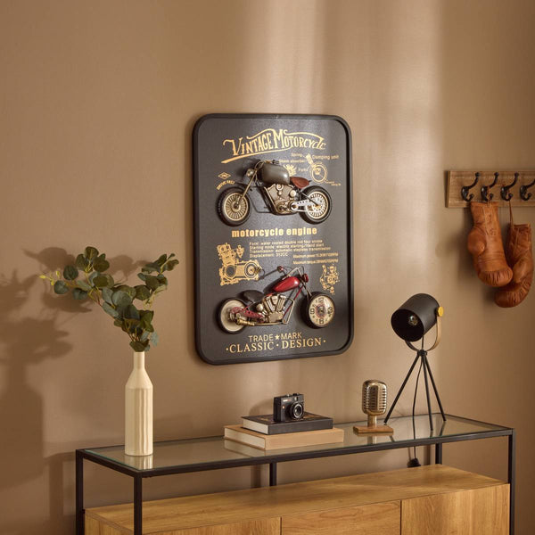 Horloge murale rectangulaire noire en acier avec moto rétro, style garage vintage