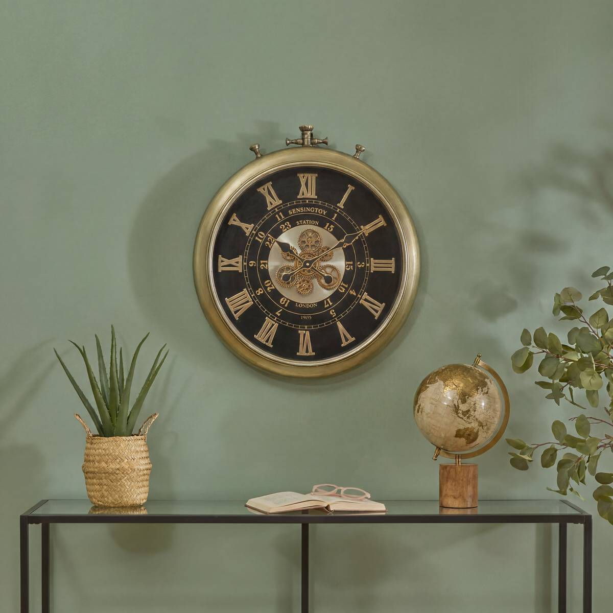 Horloge gousset à mécanisme apparent noire et dorée D52 cm