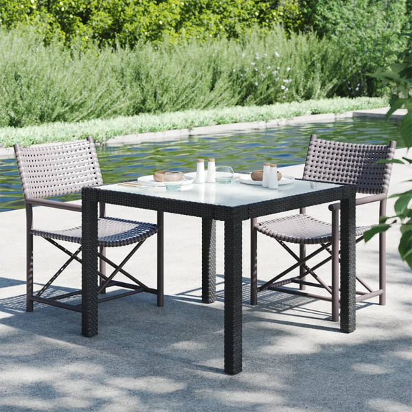Table de jardin carrée en résine tressée avec plateau en verre trempé