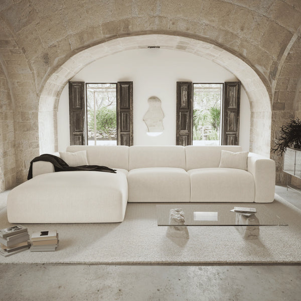 Canapé haut de gamme convertible express angle gauche Myra - Matelas Dunlopillo 160cm en velours côtelé beige