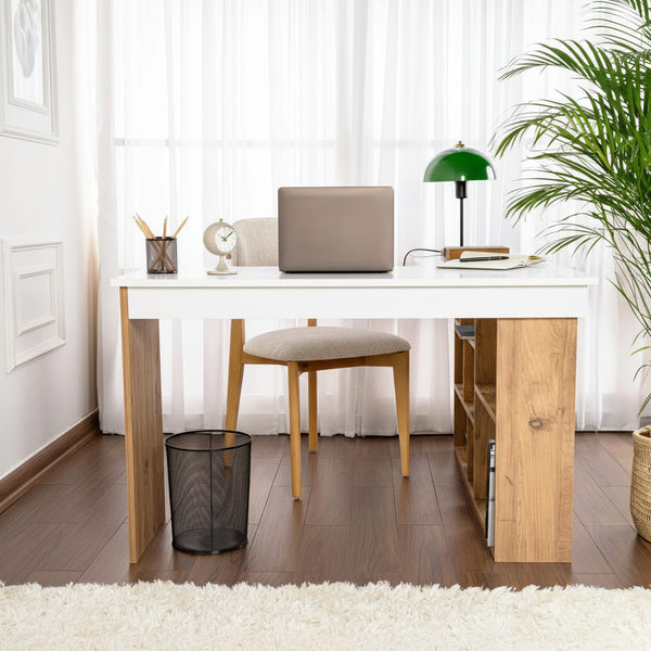 Bureau d'angle avec rangements en bois blanc et pin L130 cm
