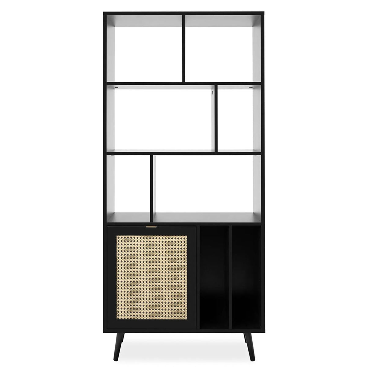 Bibliothèque 1 porte en bois noir (impression cannage) L80 x P35 x H175cm - Fabriqué en Europe