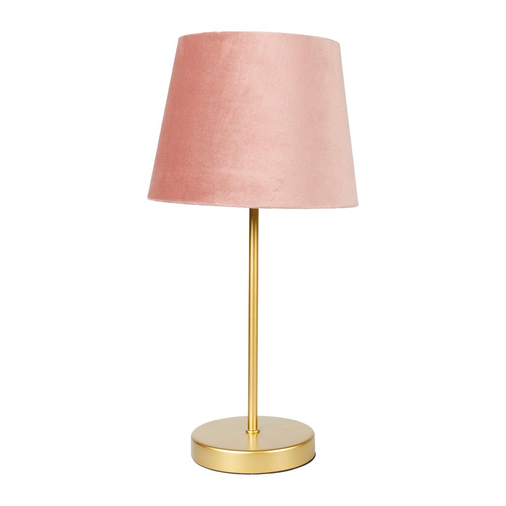 Lampe velours rose et pied métal doré H40