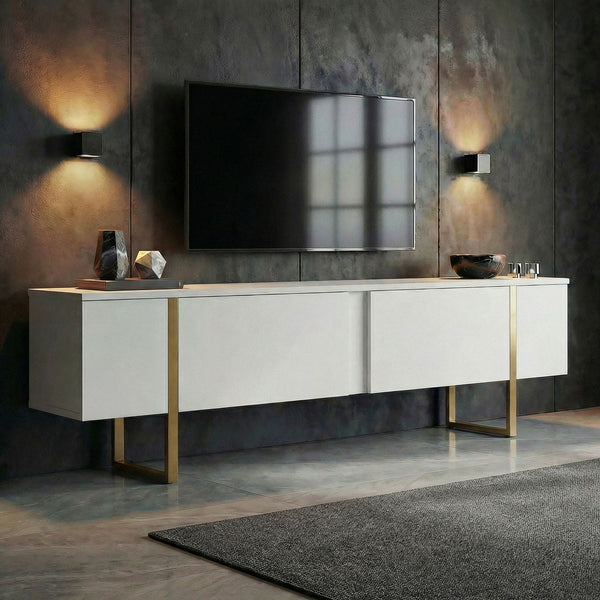 Meuble tv en bois blanc pied doré L180