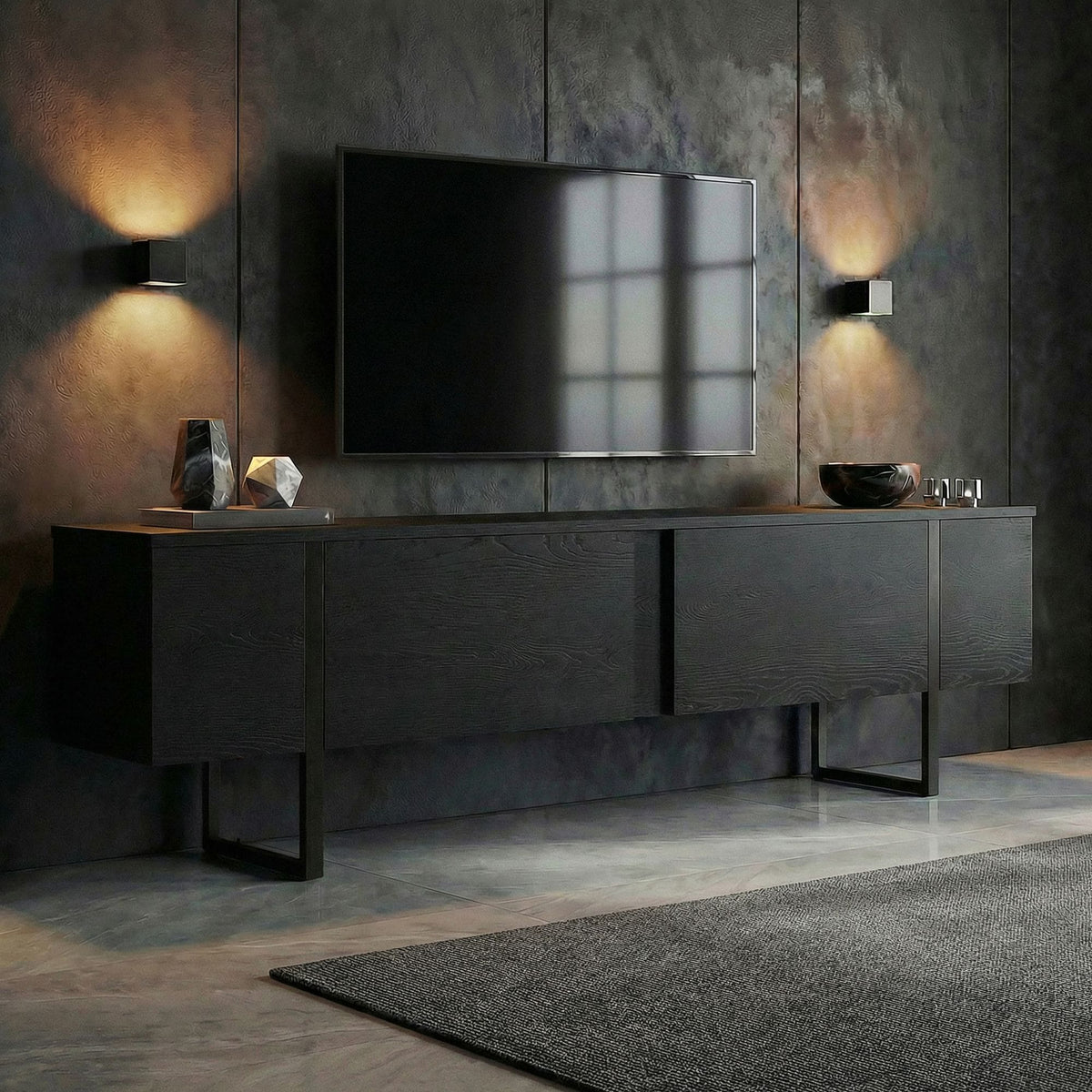 Meuble tv en bois noir pied noir L180