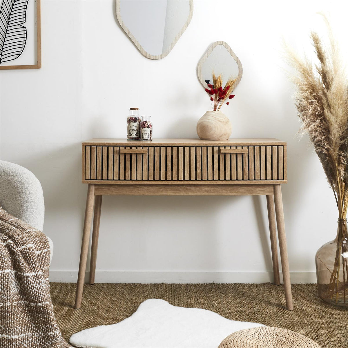Console/bureau en bois design 100x35 2 tiroirs