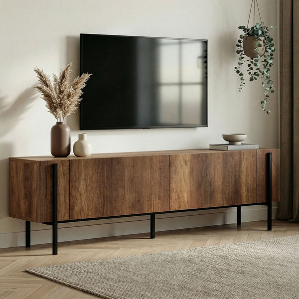 Meuble TV bas de 180 cm en bois foncé avec pieds en métal noir