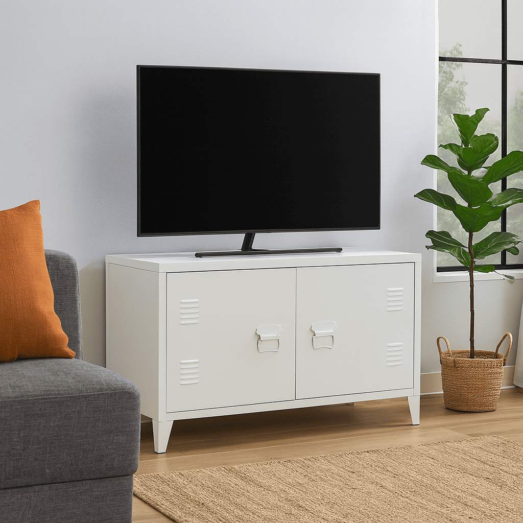 Meuble tv blanc en métal 2 portes