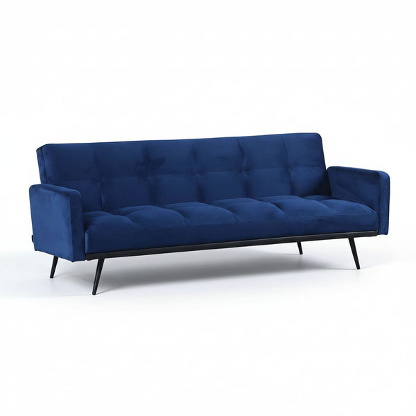 Canapé 3 places convertible en tissu bleu avec pieds en métal noir