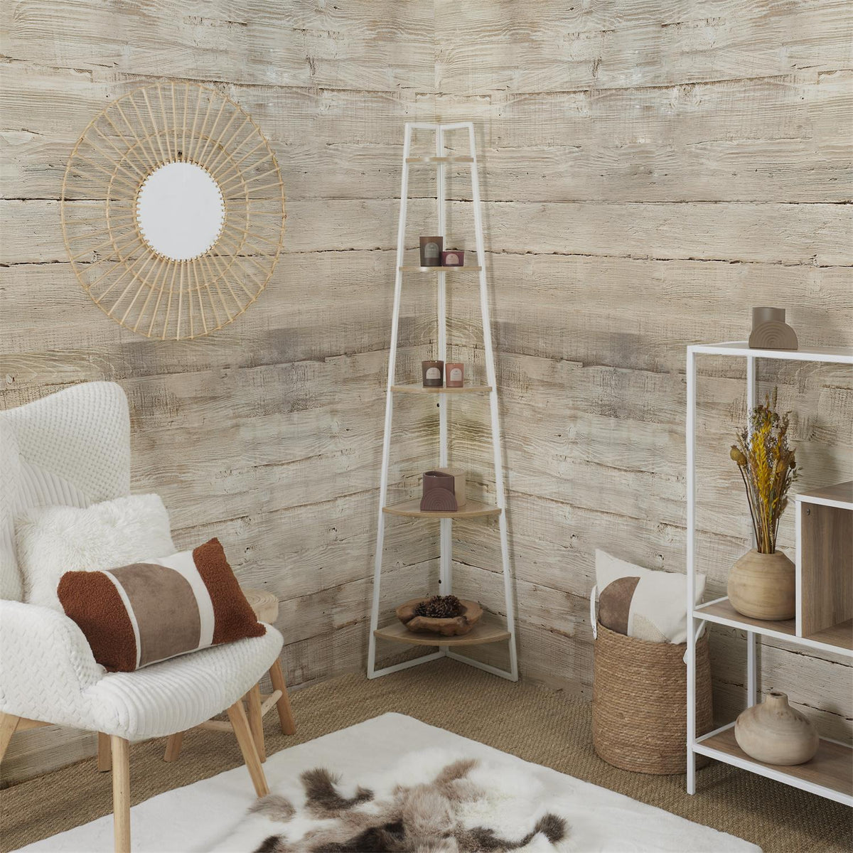 Étagère d'angle 5 niveaux effet bois et métal blanc H180 cm