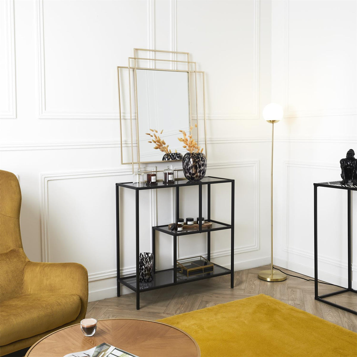 Étagère basse industrielle en métal noir et verre fumé L80 cm