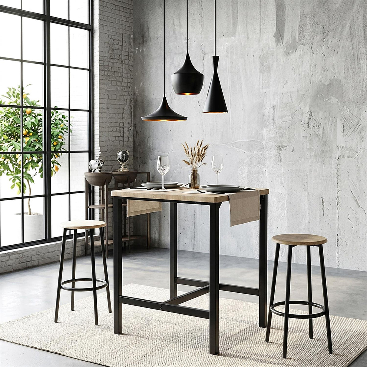 Table haute mange-debout et 2 tabourets effet bois et métal noir