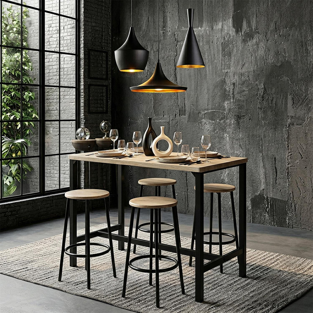 Ensemble table haute mange-debout et 4 tabourets effet bois et métal noir