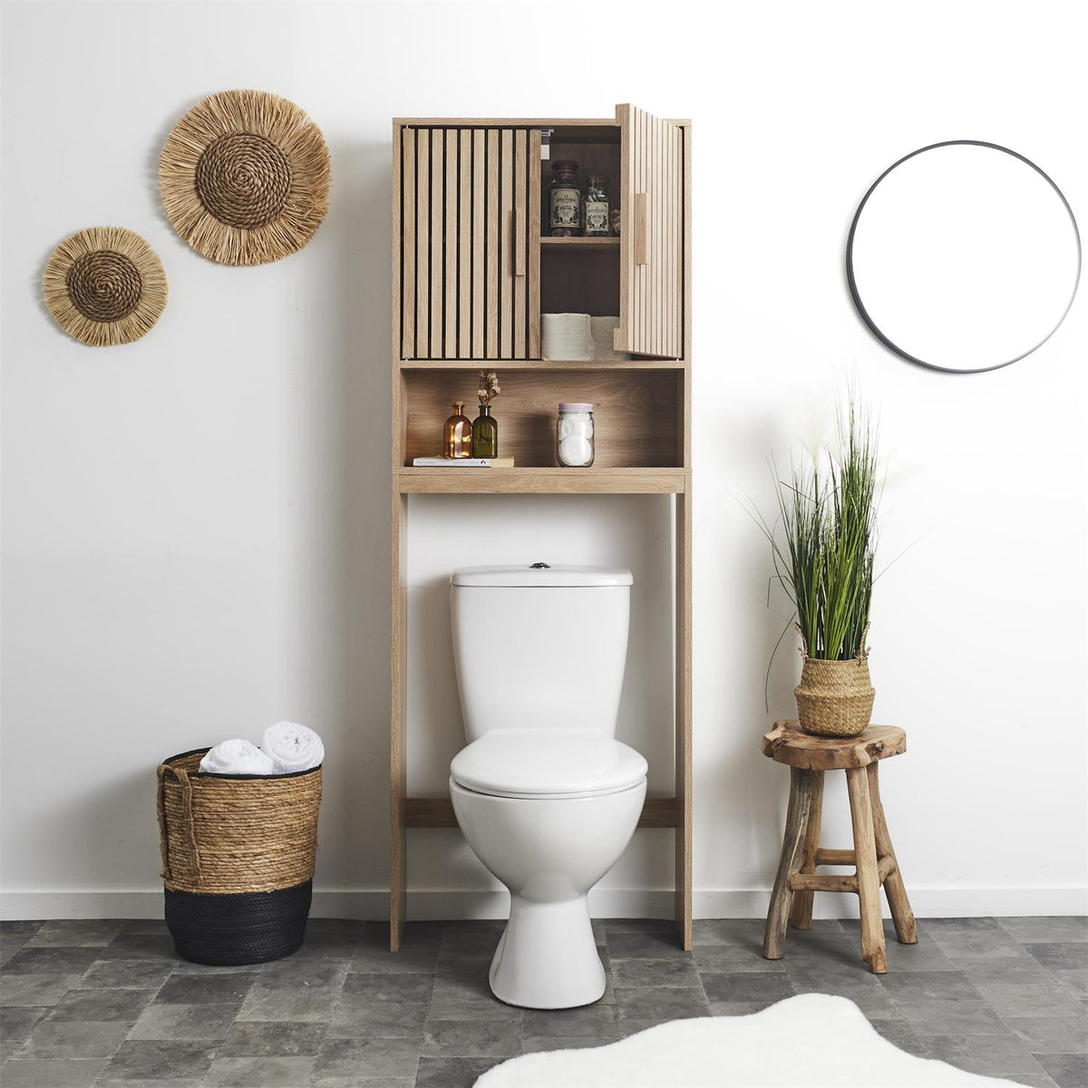 Meuble dessus WC effet bois façade rainurée H166 cm