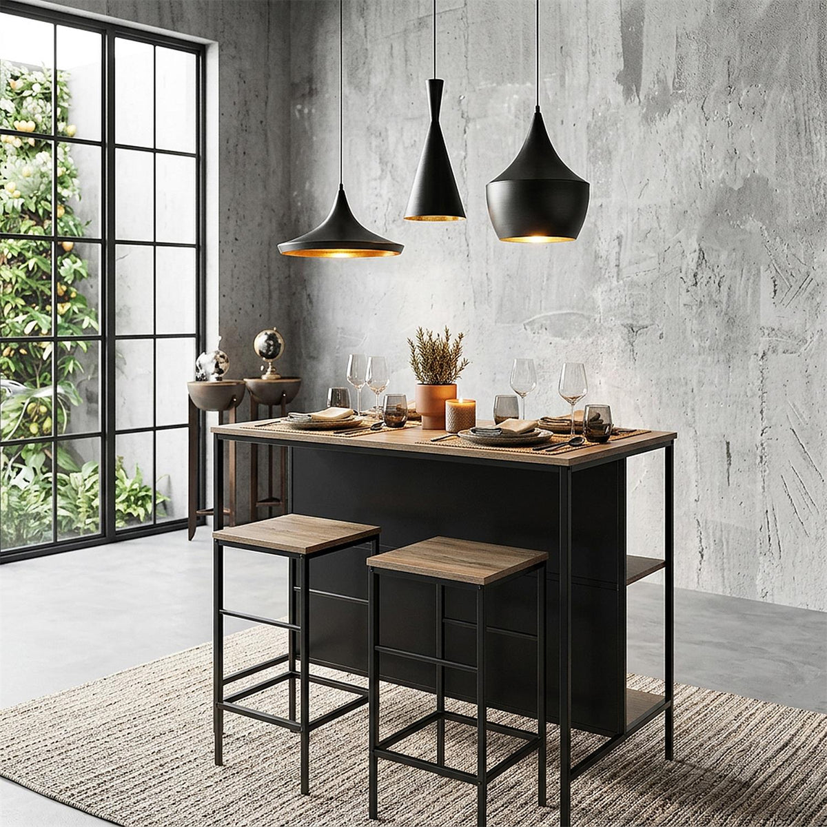 Table îlot de cuisine avec 2 tabourets effet bois et métal noir