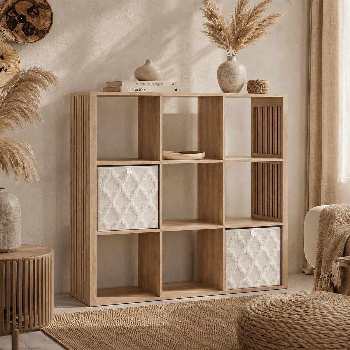 Étagère 9 cases effet bois clair L102 x H99 cm
