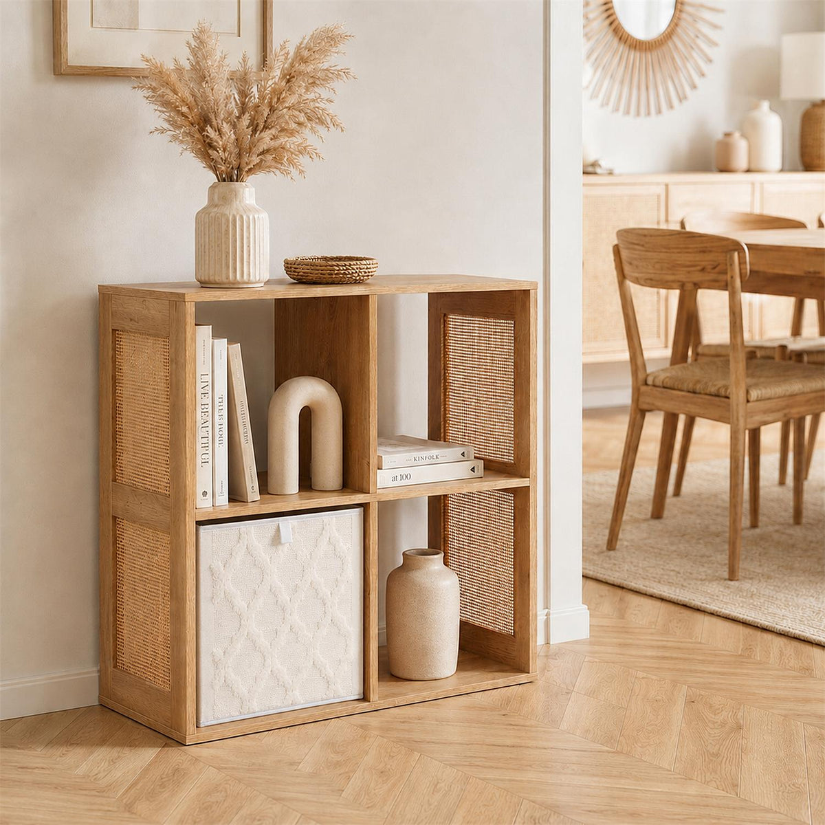 Étagère 4 cases effet bois avec cannage rotin L66 x H66 cm