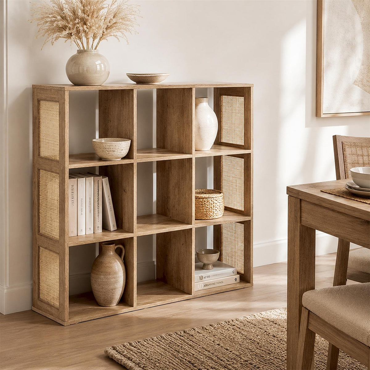 Étagère 9 cases effet bois avec cannage rotin L100 x H99 cm