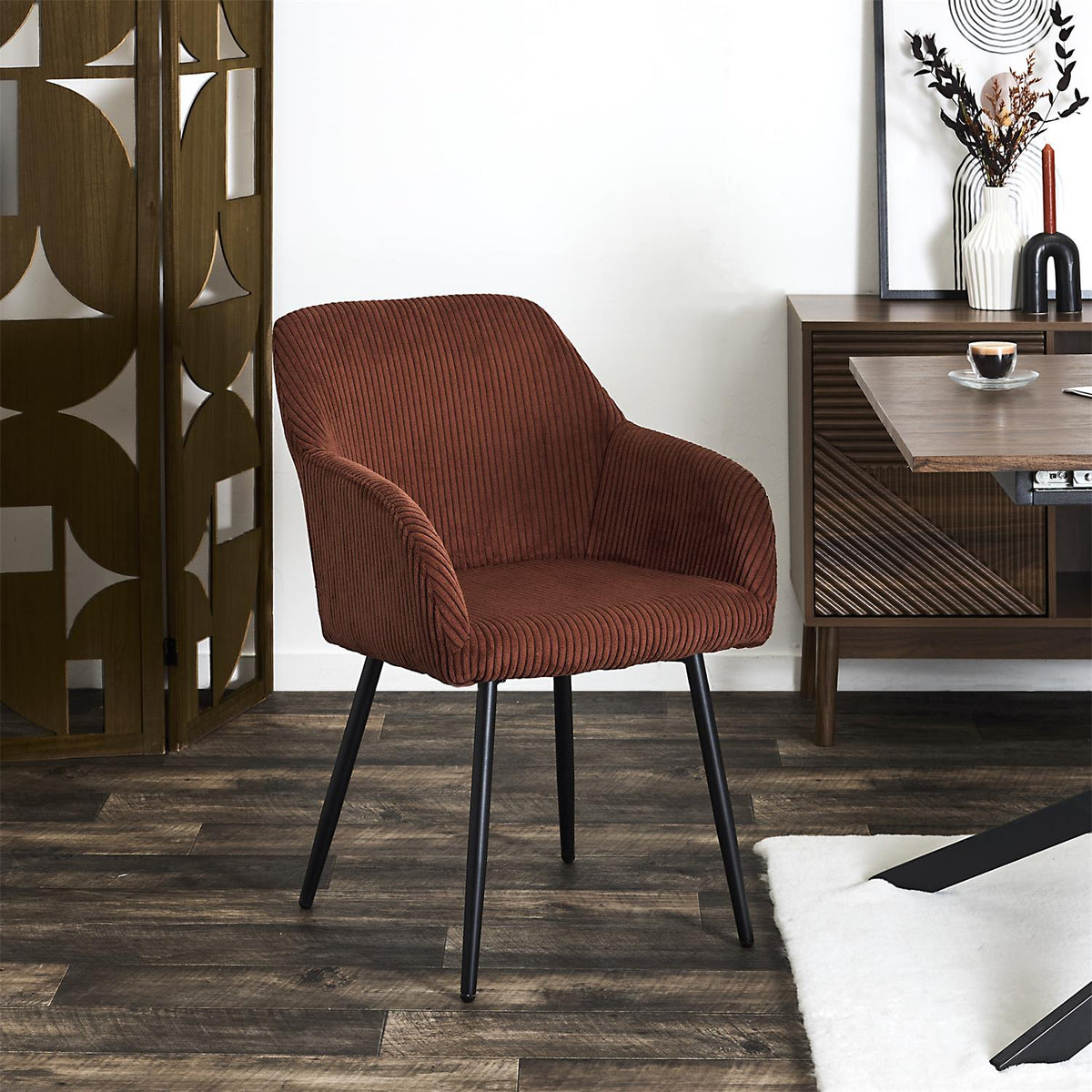 Lot de 2 chaises de table avec accoudoirs en velours côtelé terracotta pieds noirs