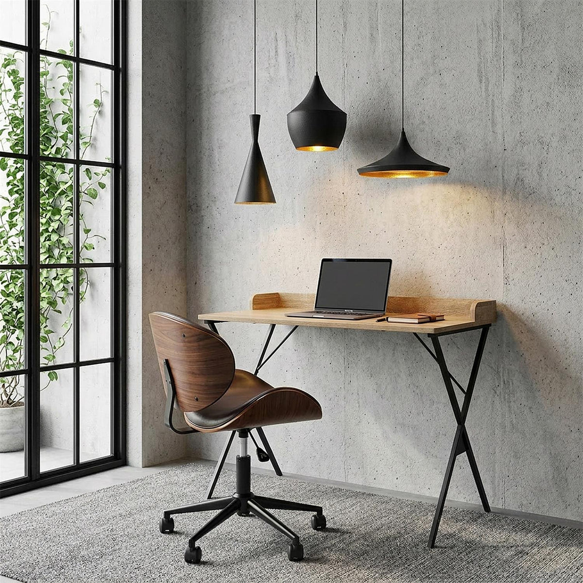 Bureau compact pieds croisés effet bois et métal noir L80 cm