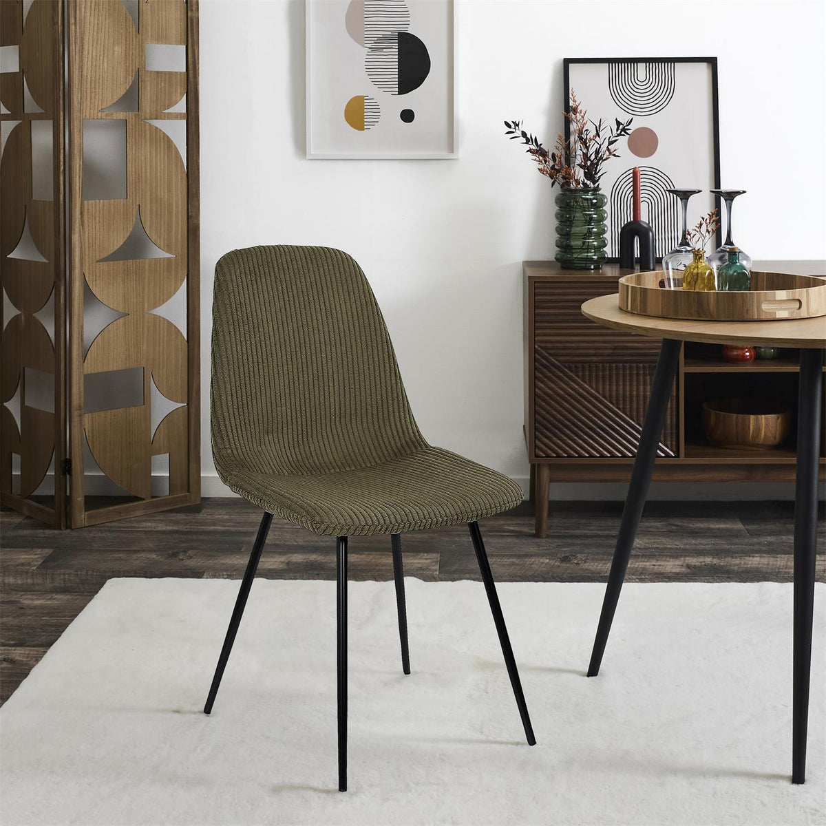 Lot de 4 chaises en velours côtelé vert pieds métal noir