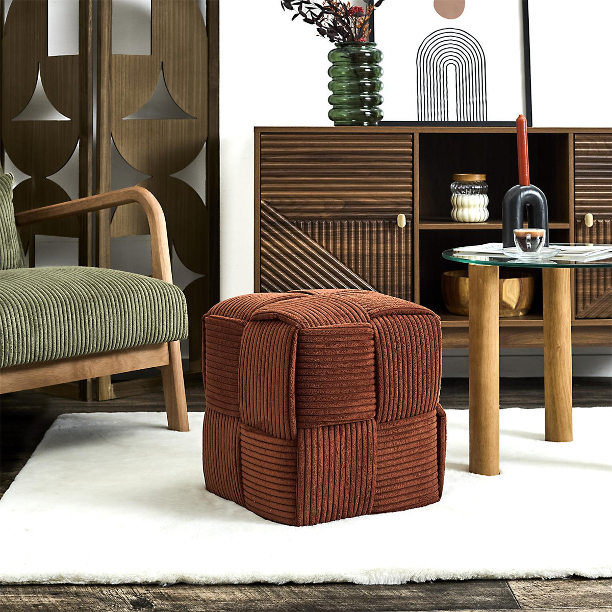 Pouf carré tressé en velours côtelé terracotta