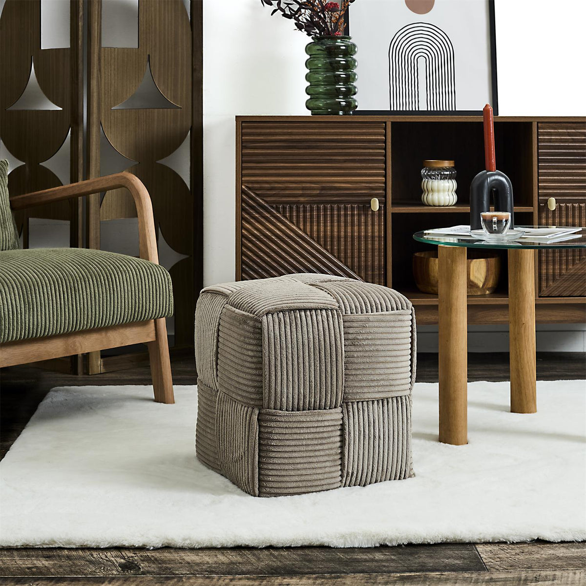 Pouf carré tressé en velours côtelé taupe