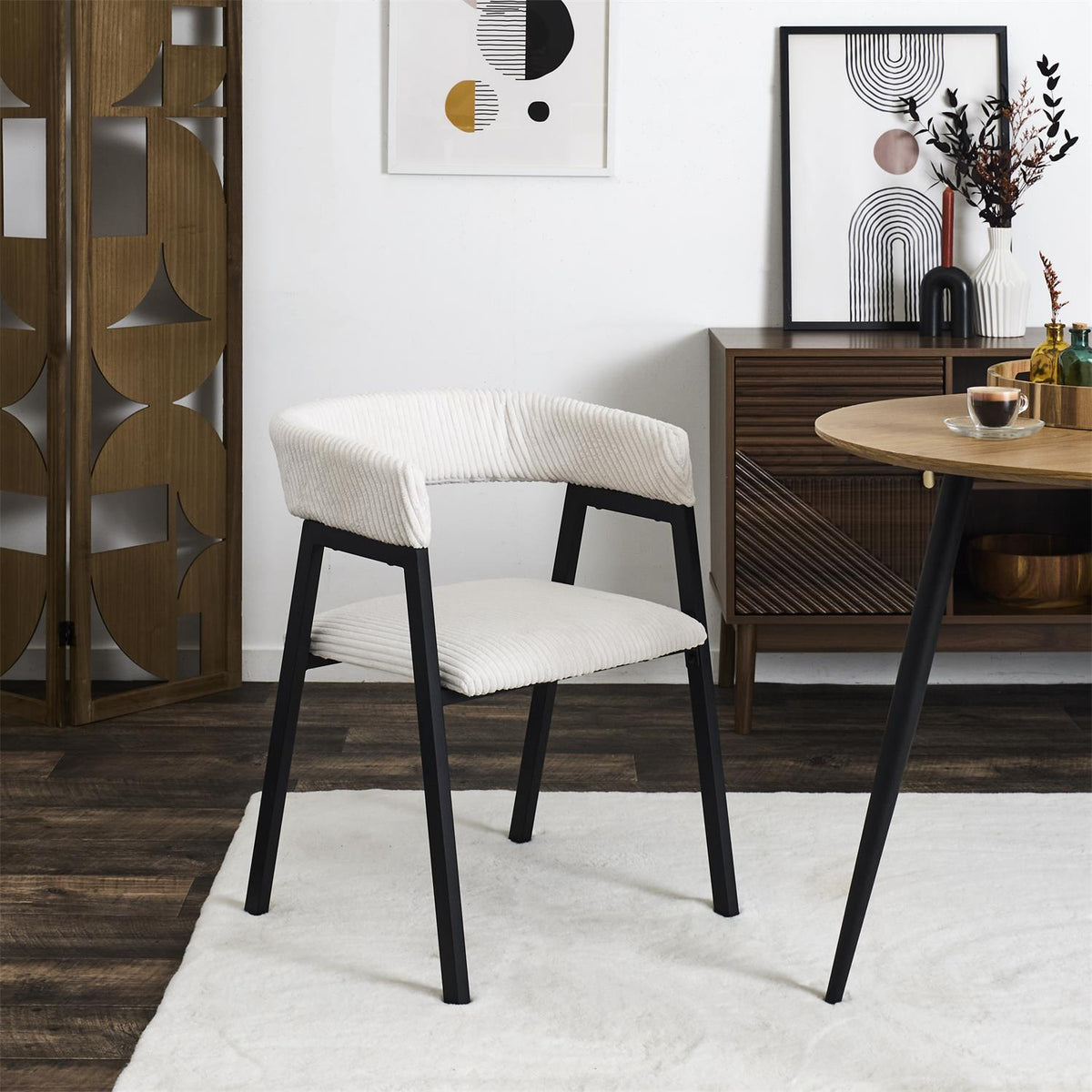 Lot de 2 chaises enveloppantes en velours côtelé blanc cassé pieds métal noir