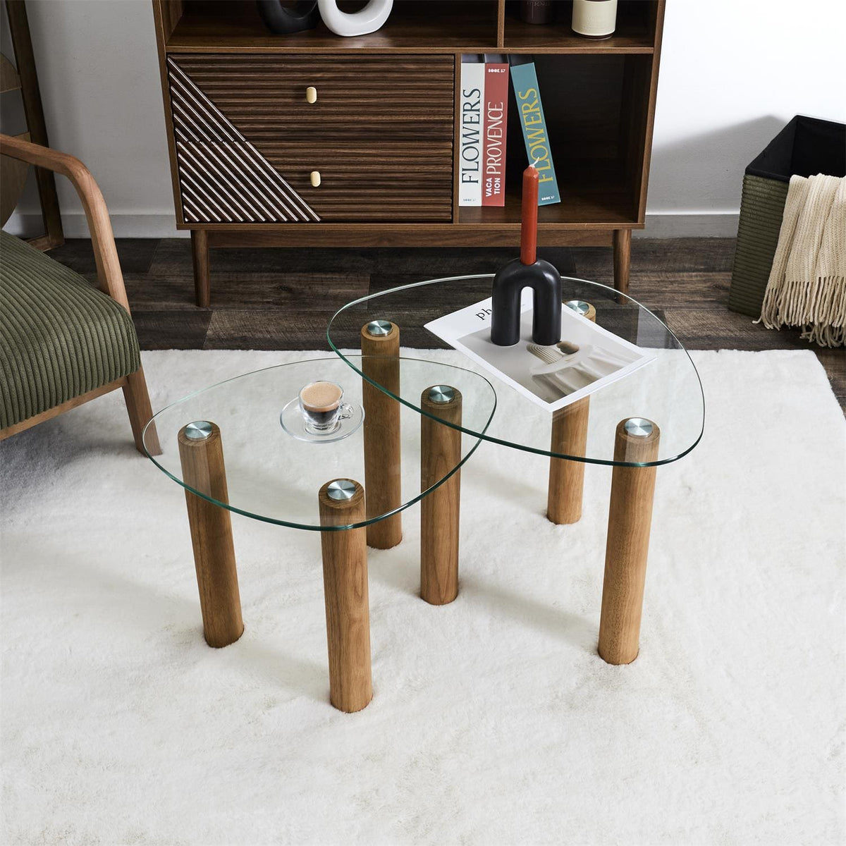 Lot de 2 tables basses en bois et verre
